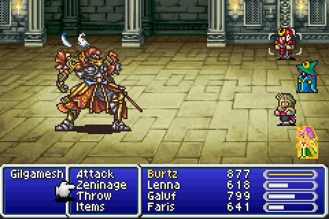Picture of four character facing off against a Samarri villain. Several choices are along the bottom of the screen in a blue window with a character's name and several options like "attack" and "items"
